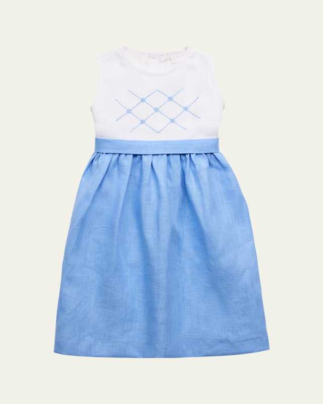 Girl's Embroidered Linen Dress, Size 4-12